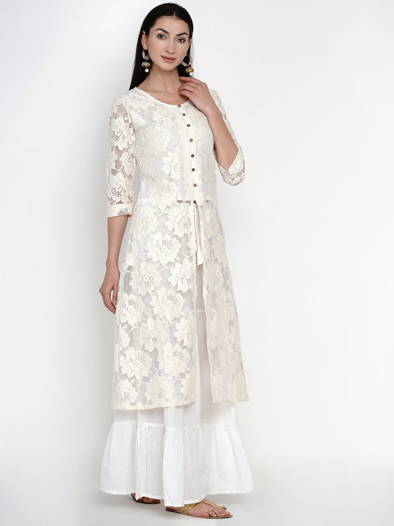 Lace front slit kurta with cotton bodice lining and cotton sharara set-Kurta Set-Fabnest