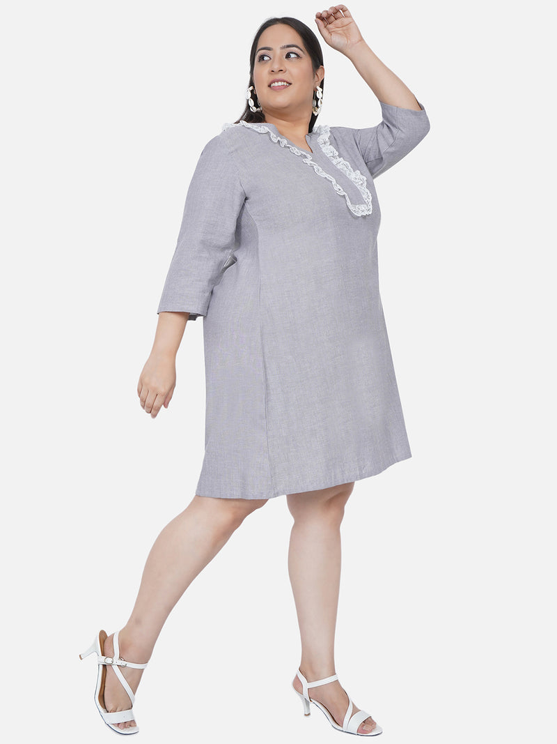 Curve Chambray A-Line Dress With Frilled Lace At Placket And Inverted Box Pleat At The Back-Dress-Fabnest
