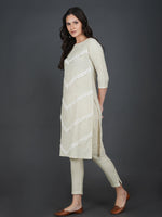 Set of off white cotton flex lace work a line kurta with co-ordinated flex pants-Kurta Set-Fabnest