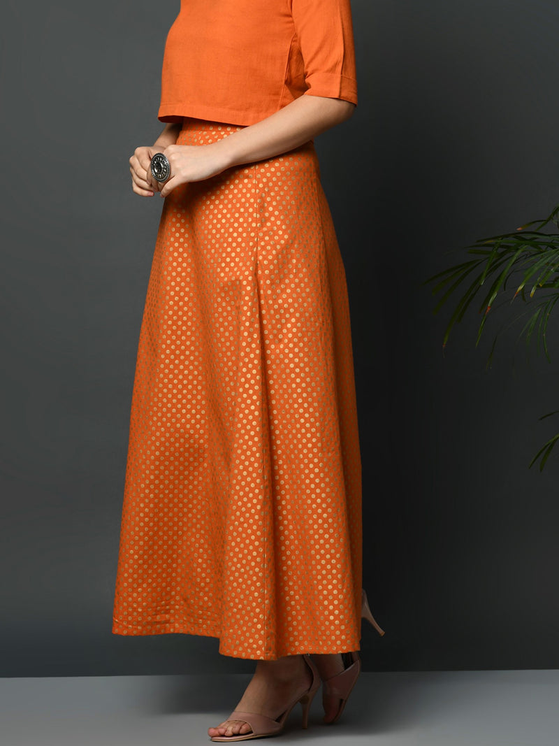 Orange flex A line skirt with khadi polka print-Skirt-Fabnest