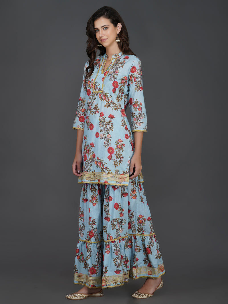 Light blue floral printed sharara set with gold lace inserts-Sharara Set-Fabnest