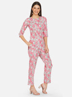 Hand block print pink floral lounge wear co-ord set-Co-ords-Fabnest