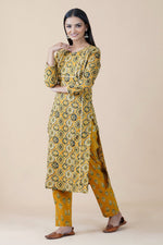 3 pc set of yellow ajrakh print cotton straight round neck gota embellished kurta set with yellow ajrakh print straight bottom and black solid cotton dupatta with gota edging-Kurta Set-Fabnest