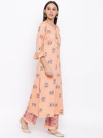 Rayon peach printed kurta and pant set with flounce sleeve and button detailing at the neck-Kurta Set-Fabnest