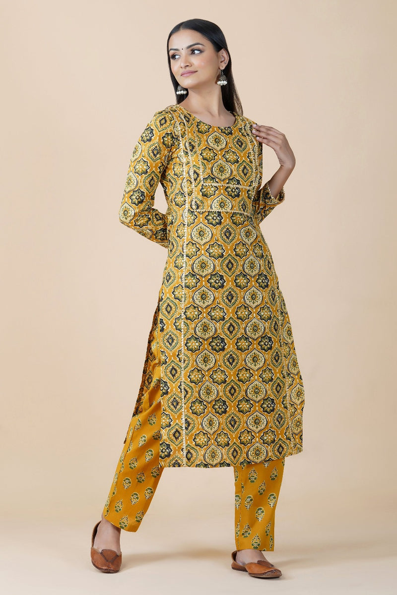 3 pc set of yellow ajrakh print cotton straight round neck gota embellished kurta set with yellow ajrakh print straight bottom and black solid cotton dupatta with gota edging-Kurta Set-Fabnest