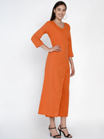 Cotton flex orange jumpsuit with an overlap panel and tie up-Jumpsuit-Fabnest