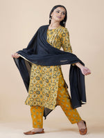 3 pc set of yellow ajrakh print cotton straight round neck gota embellished kurta set with yellow ajrakh print straight bottom and black solid cotton dupatta with gota edging-Kurta Set-Fabnest