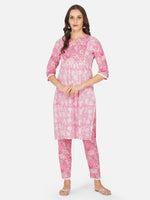 Hand blocked pink kurta with straight pants-Kurta Set-Fabnest