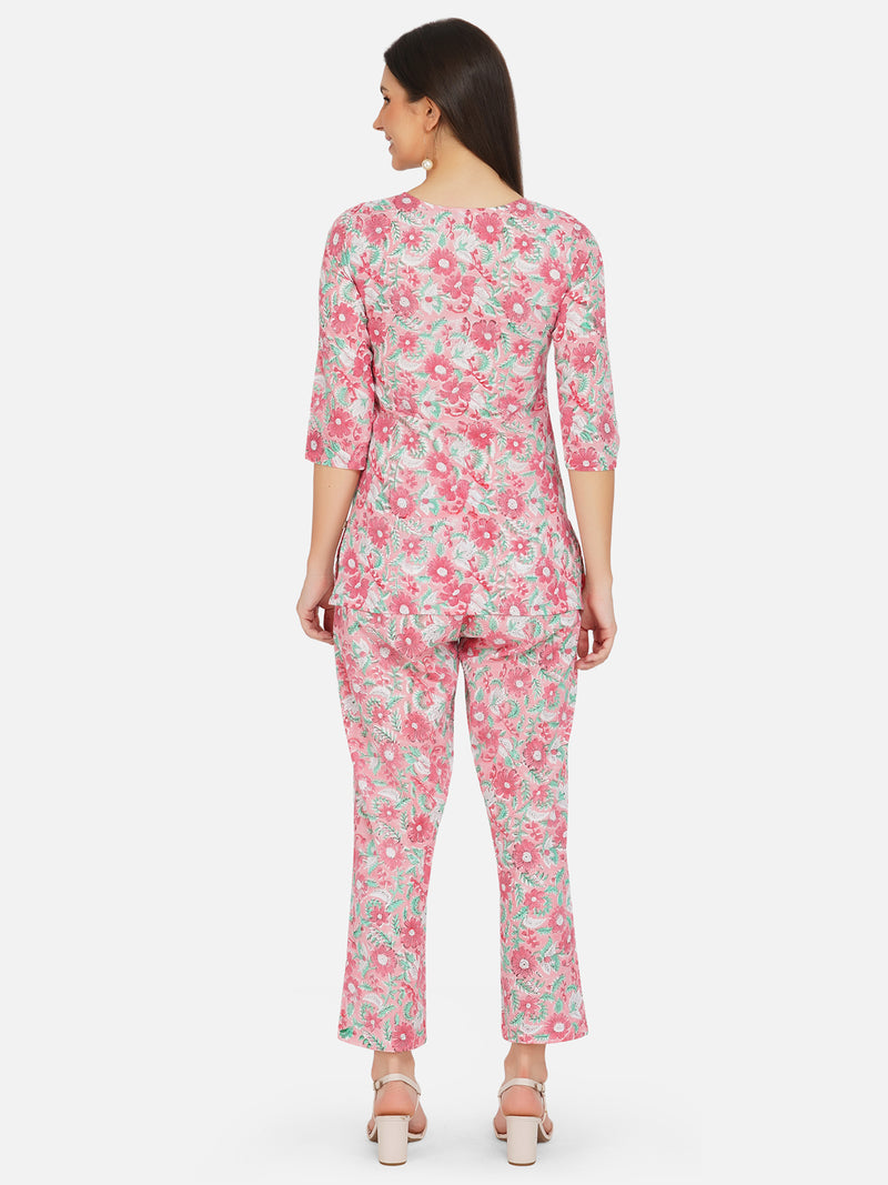 Hand block print pink floral lounge wear co-ord set-Co-ords-Fabnest