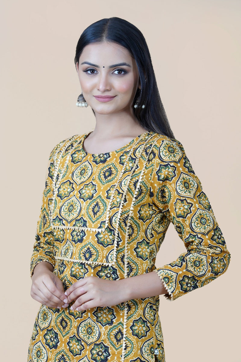 3 pc set of yellow ajrakh print cotton straight round neck gota embellished kurta set with yellow ajrakh print straight bottom and black solid cotton dupatta with gota edging-Kurta Set-Fabnest