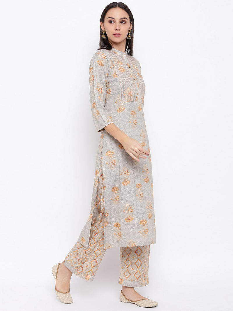 Rayon grey printed kurta and pant set with contrast stitch detail at yoke.-Kurta Set-Fabnest