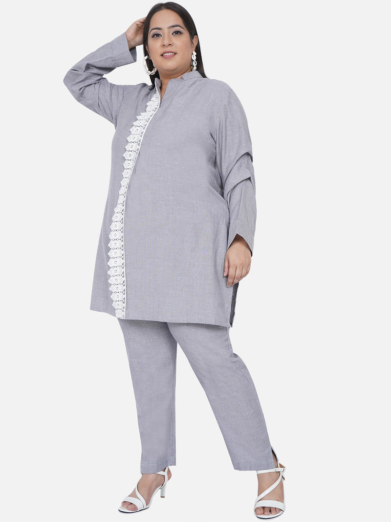 Set Of Chambray Fitted Pants And Short Kurta With A Pleat At Front Accented With Lace.-Kurta Set-Fabnest