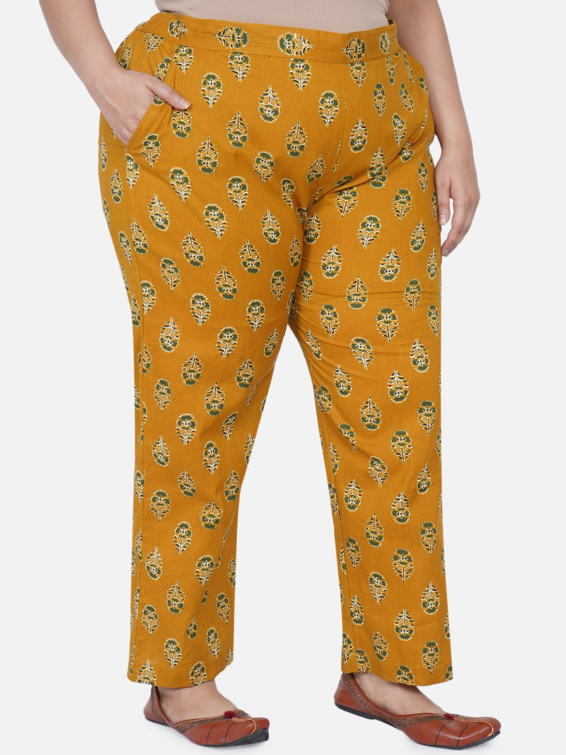 Curve Yellow Cotton Ajrakh Print Straight Pants-Pant-Fabnest