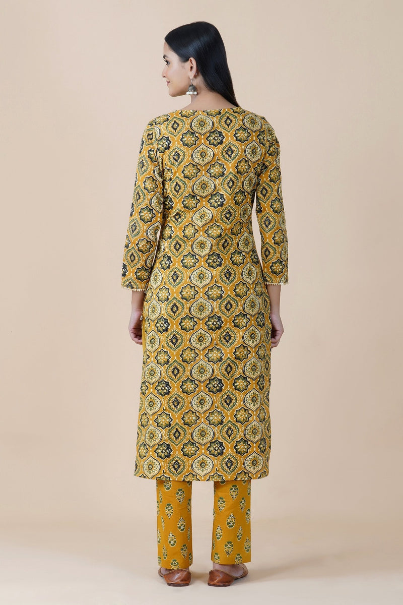 3 pc set of yellow ajrakh print cotton straight round neck gota embellished kurta set with yellow ajrakh print straight bottom and black solid cotton dupatta with gota edging-Kurta Set-Fabnest