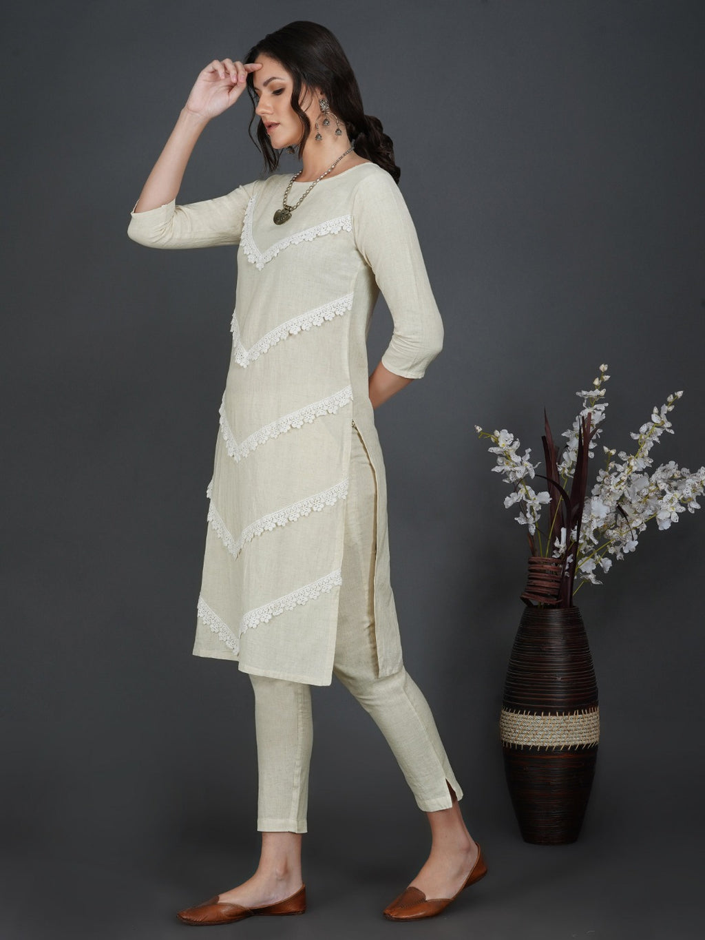 Off white cotton flex with lace work A line kurta ONLY-Kurta-Fabnest