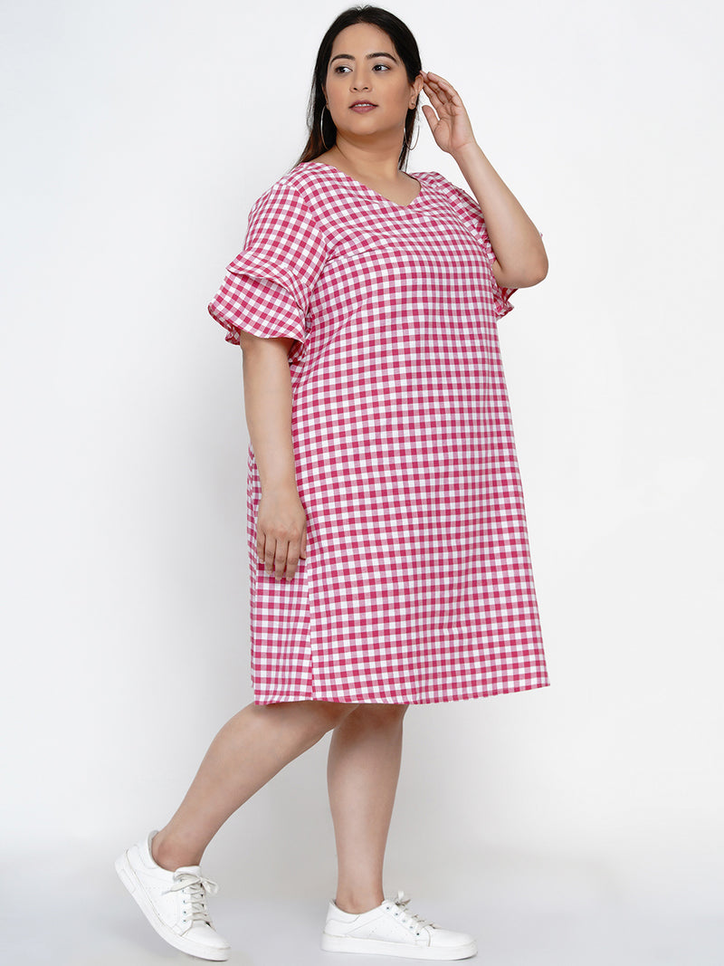 Fabnest Handloom cotton pink and white check shift dress with flounce short sleeves-Dresses-Fabnest