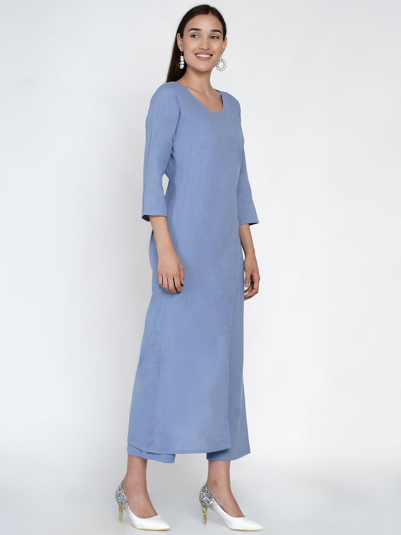 Cotton flex blue jumpsuit with an overlap panel and tie up-Jumpsuit-Fabnest