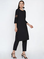 Black cotton straight kurta with lace insert at sleeve and straight pants-Kurta Set-Fabnest
