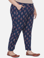 Curve Cotton Navy Ajrakh Print Straight Fitted Pants-Pant-Fabnest