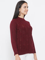 Women`s Acrylic Maroon Self Design Winter Sweater-Pullover-Fabnest