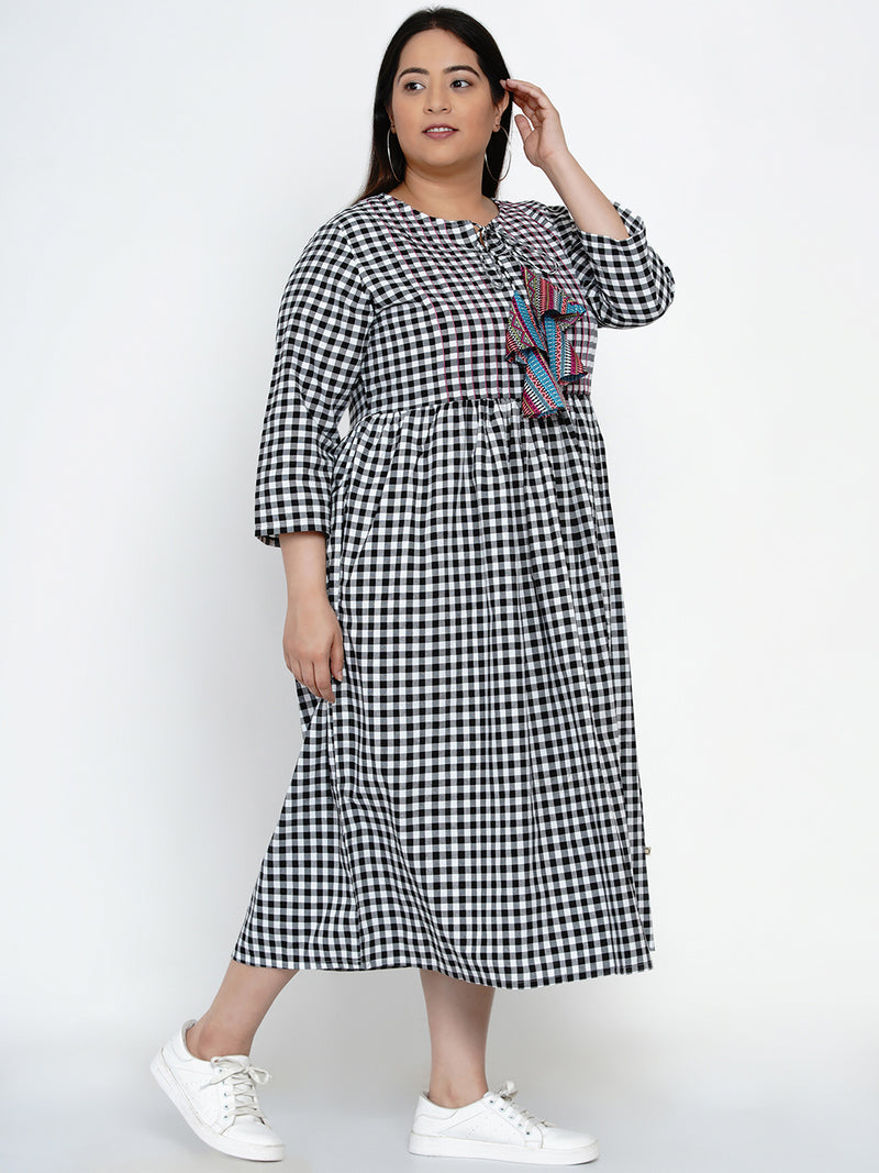 Black and White Check Cotton Dress With Pintucks, Top Stitch and Colorful Tassles-Dresses-Fabnest