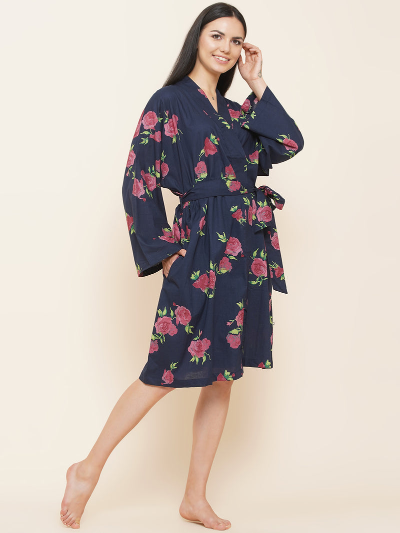 Women`s cotton floral navy blue kimono robe-Fabnest