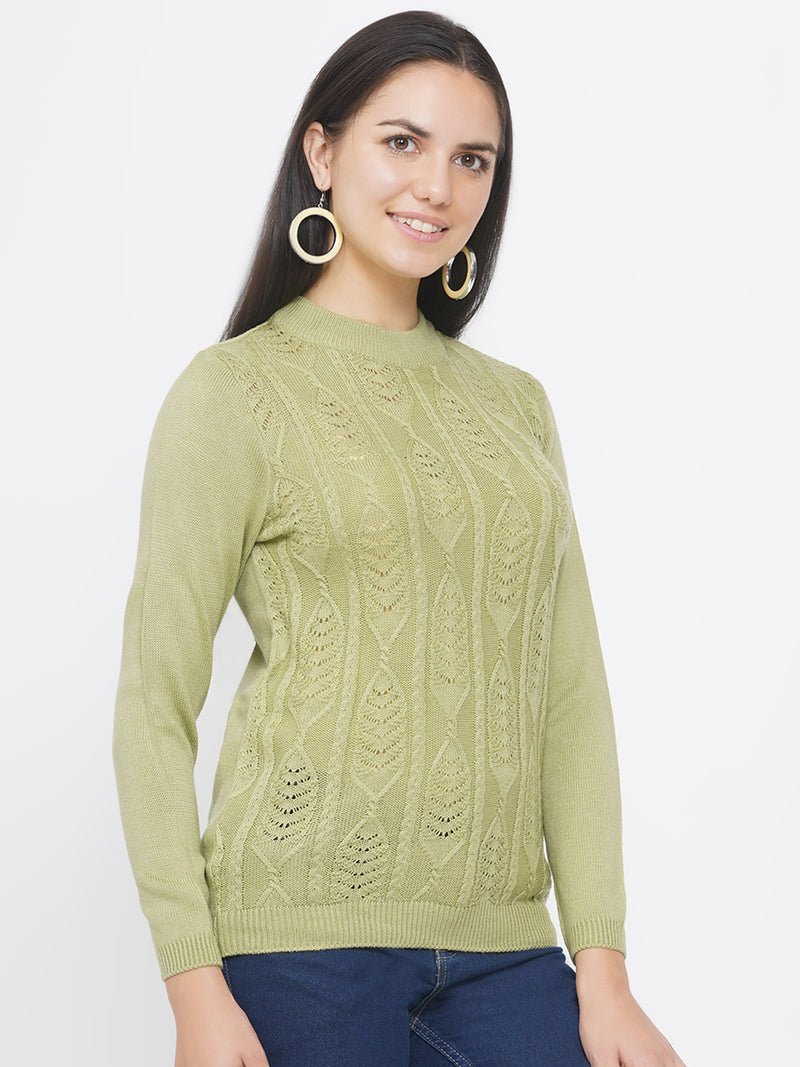 Women`s Acrylic Light Green Self Design Winter Sweater-Pullover-Fabnest