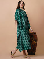 Handloom green cotton ikat button down kaftan-Kaftan-Fabnest