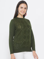 Women`s Acrylic Olive Self Design Winter Sweater-Pullover-Fabnest