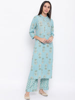 Rayon light blue printed kurta and pant set with contrast stitch detail at yoke.-Kurta Set-Fabnest