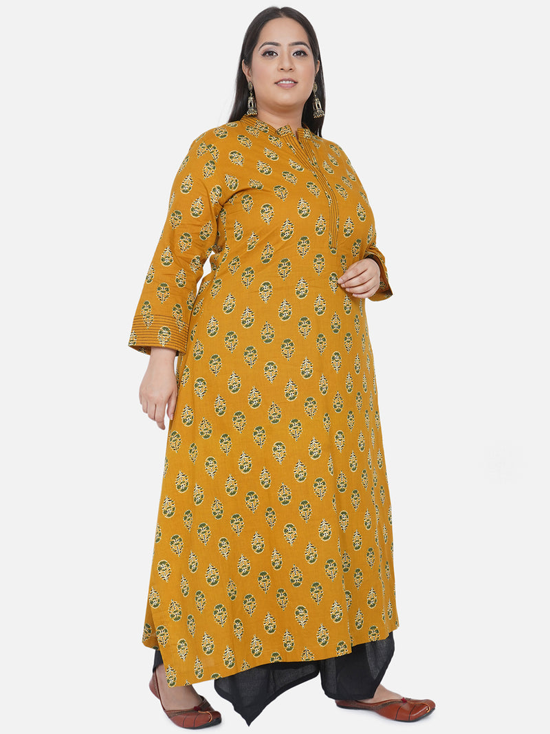 Curve 2 Pc Set Of Yellow Cotton Ajrakh Print A Line Kurta With Thread Work At Sleeve And Neck And Black Cotton Assymetric Palazzo Pant-Kurta Set-Fabnest