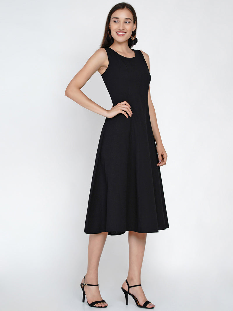 Black cotton flex multi paneled sleeveless dress-Dresses-Fabnest