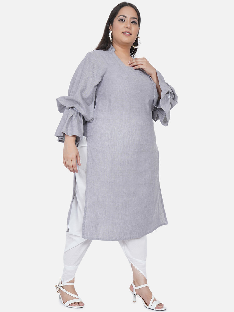 Curve Chambray Straight Balloon Sleeves Kurta With Dhoti Salwar Set-Kurta Set-Fabnest