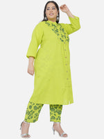 Curve Cotton Green Solid Kurta With Front Placket And Printed Yoke, Paired With Green Printed Tapered Pants-Kurta Set-Fabnest