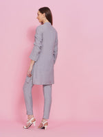 Set of chambray fitted pants and short kurta with a pleat at front accented with lace.-Kurta Set-Fabnest
