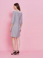 Chambray A-line dress with frilled lace at placket and inverted box pleat at the back-Dresses-Fabnest