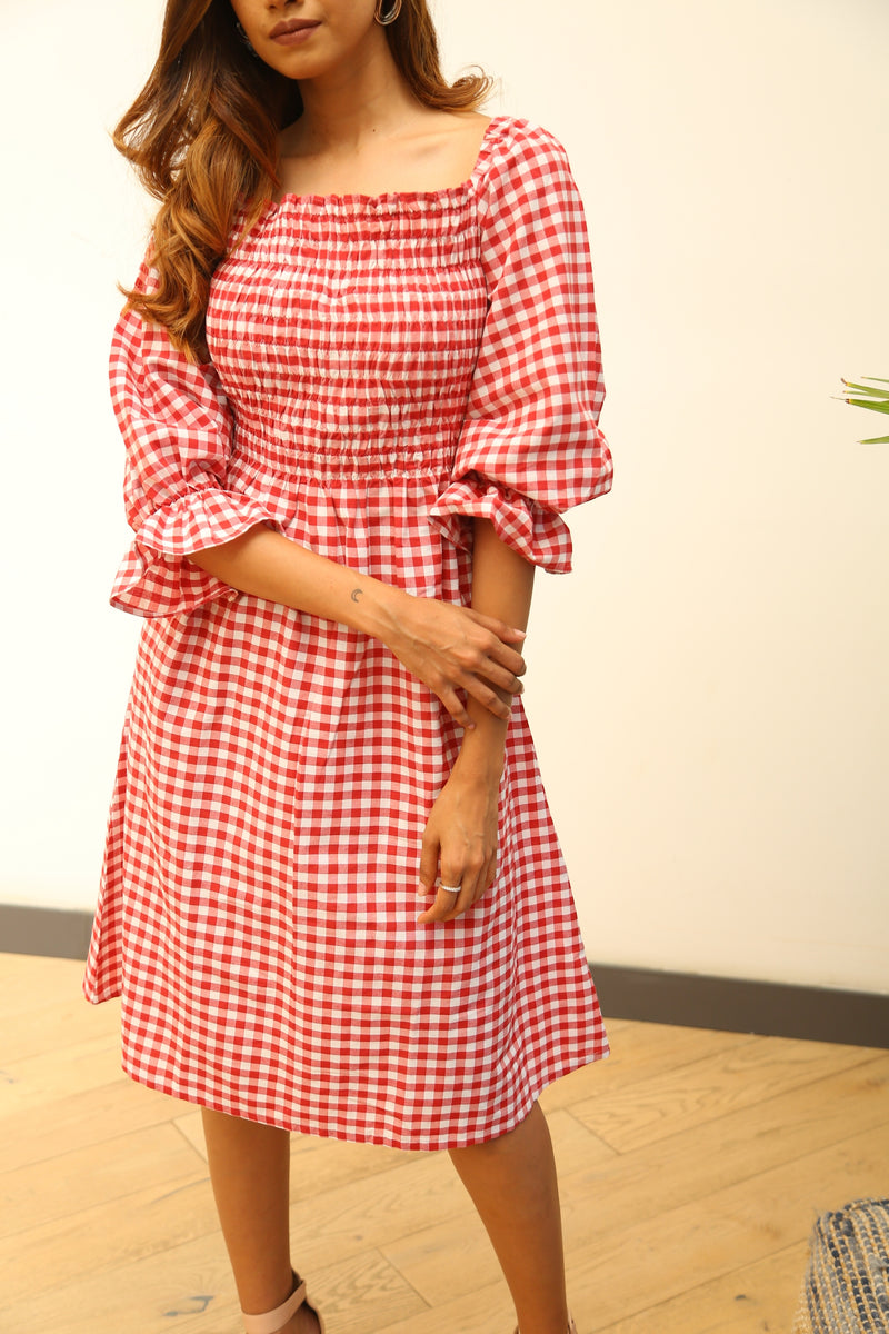 Cotton red gingham dress with smocking-Dresses-Fabnest