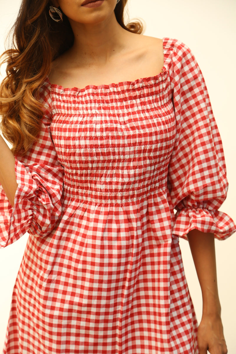 Cotton red gingham dress with smocking-Dresses-Fabnest