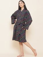 Women`s cotton printed navy blue kimono robe-Fabnest