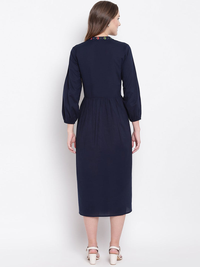 Indigo cotton dress with print inserts-Dresses-Fabnest