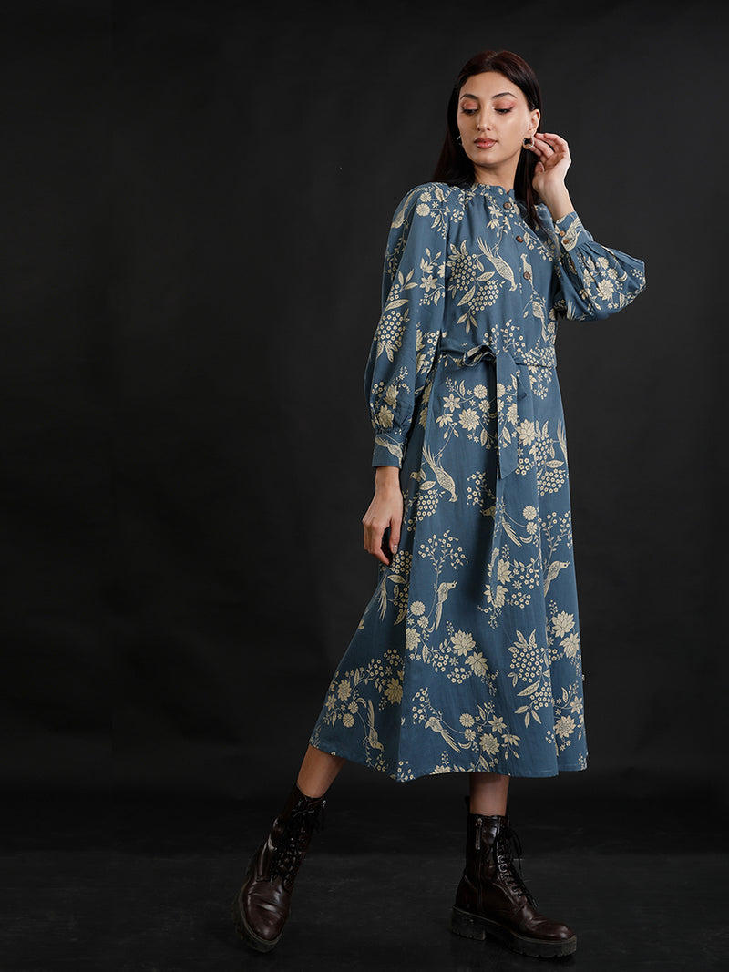 Dull Blue Cotton Discharge Printed Calf Length Dress With Puff Sleeves.-Dress-Fabnest