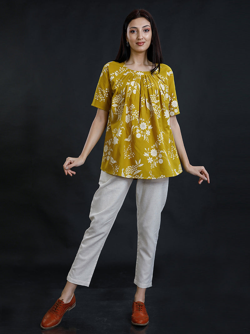 Green Discharge Print Cotton Loose Fit Gathered Top only-Tops-Fabnest