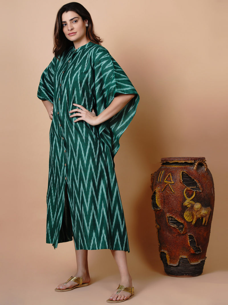 Handloom green cotton ikat button down kaftan-Kaftan-Fabnest