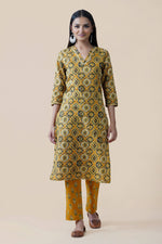 Yellow ajrakh print cotton straight v neck gota embellished kurta ONLY-Kurta-Fabnest
