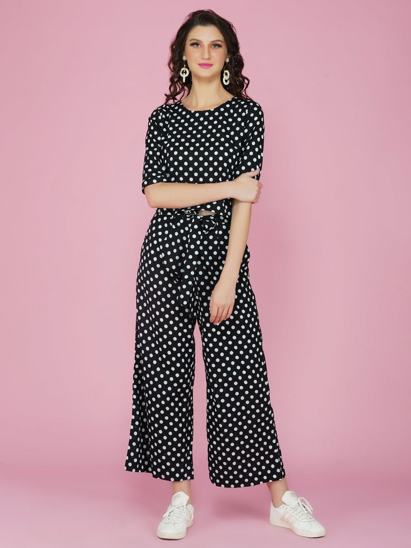 Black and white polka dot cotton cropped top and bottom set-Co-ords-Fabnest