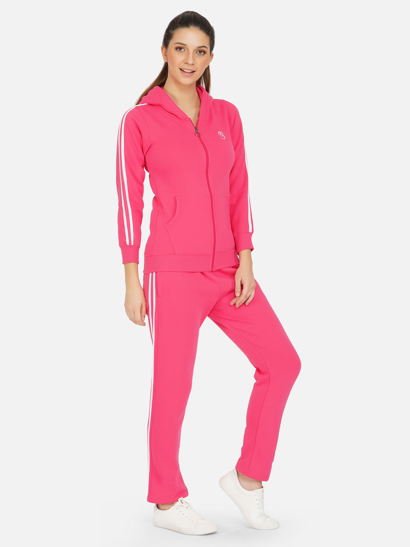 Fabnest winter fleece front zipper pink tracksuit with hoodie-Track Suit-Fabnest
