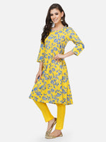Cotton yellow printed Aline kurta with side kalis and gota inserts paired with yellow cotton solid tapered pants-Kurta Set-Fabnest
