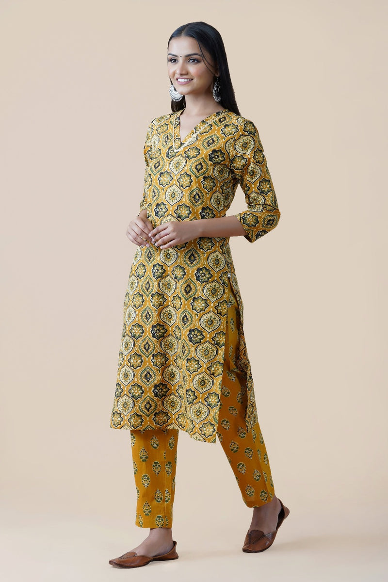2 pc set of yellow ajrakh print cotton straight v neck gota embellished kurta set with yellow ajrakh print straight bottom-Kurta Set-Fabnest
