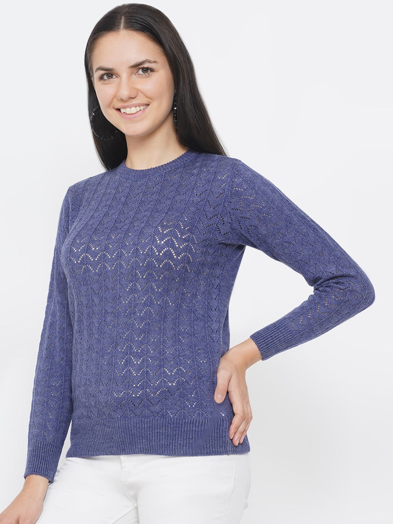Women`s Acrylic Navy Self Design Winter Sweater-Pullover-Fabnest