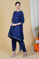 Navy blue linen cotton self design lurex asymmetrical kurta and straight salwar with gota work-Kurta Set-Fabnest